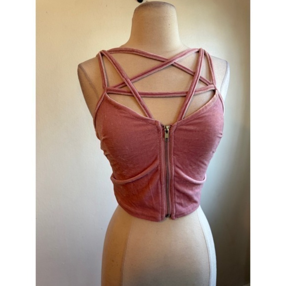 Killstar Pink Velvet Pentagram Strappy Zip Front Crop Top Medium NEW
